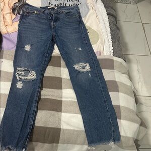 Trendy Distressed Blue Straight Leg Jeans